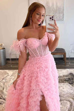 Pink Off the Shoulder Frill-Layered Long Prom Dress with Feathers