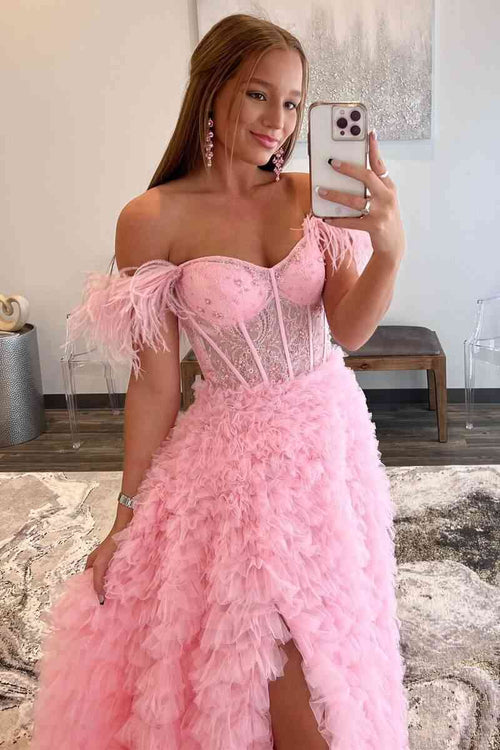 Pink Off the Shoulder Frill-Layered Long Prom Dress with Feathers