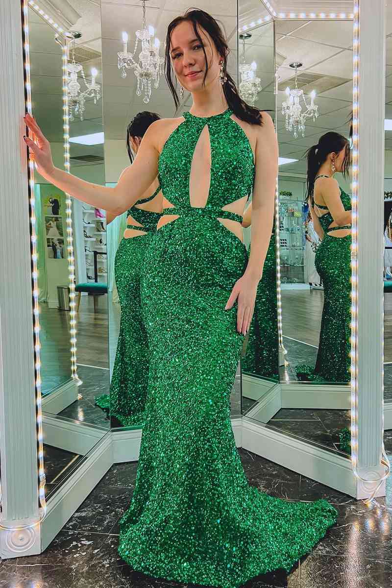 Side Cut-Out Green Sequins Mermaid Long Prom Dress FancyVestido Side Cut-Out Green Sequins Mermaid Long Prom Dress FancyVestido