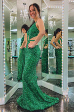Side Cut-Out Green Sequins Mermaid Long Prom Dress