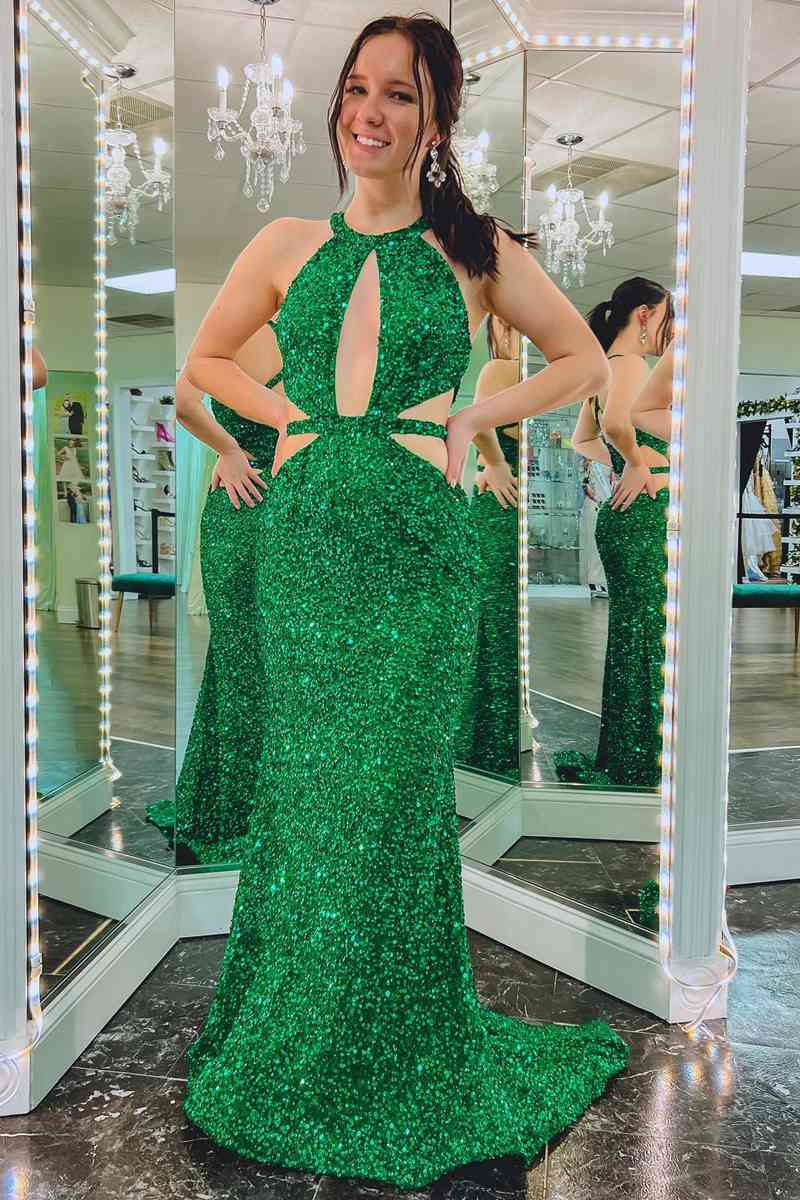 Side Cut-Out Green Sequins Mermaid Long Prom Dress