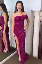 Pleated One Shoulder Fuchsia Long Party Dress with Slit