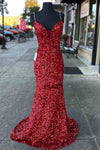 Beaded Straps Red Sequins Mermaid Long Prom Dress
