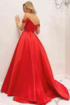 Red Beaded Corset A-Line Off-the-Shoulder Prom Gown