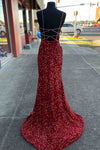 Beaded Straps Red Sequins Mermaid Long Prom Dress