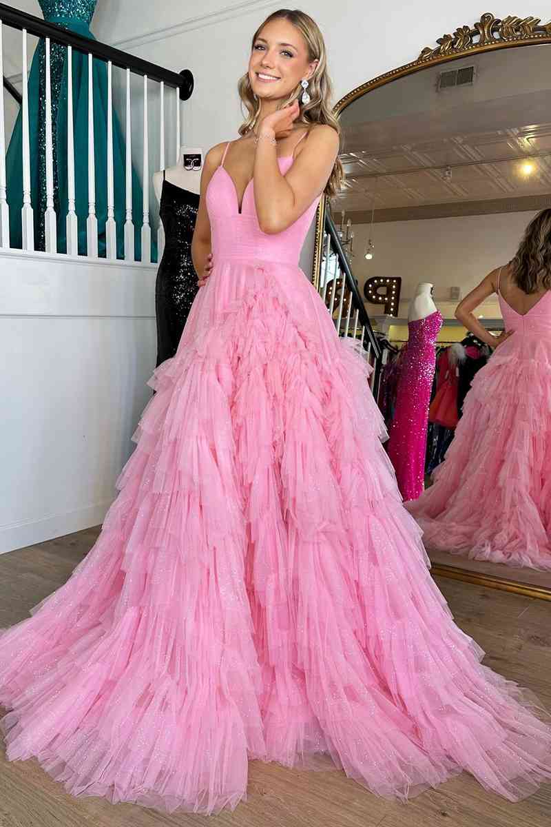 Princess Pink Strappy Frill-Layered A-Line Long Prom Dress