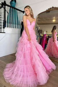princess prom dress pink Chic Beautiful Long Prom Dress With Flower Off-the-shoulder Pink Princ SELINADRESS