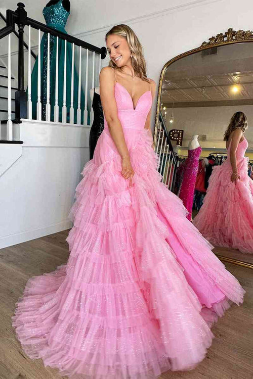 Princess Pink Strappy Frill-Layered A-Line Long Prom Dress