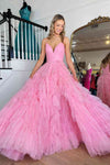 Princess Pink Strappy Frill-Layered A-Line Long Prom Dress