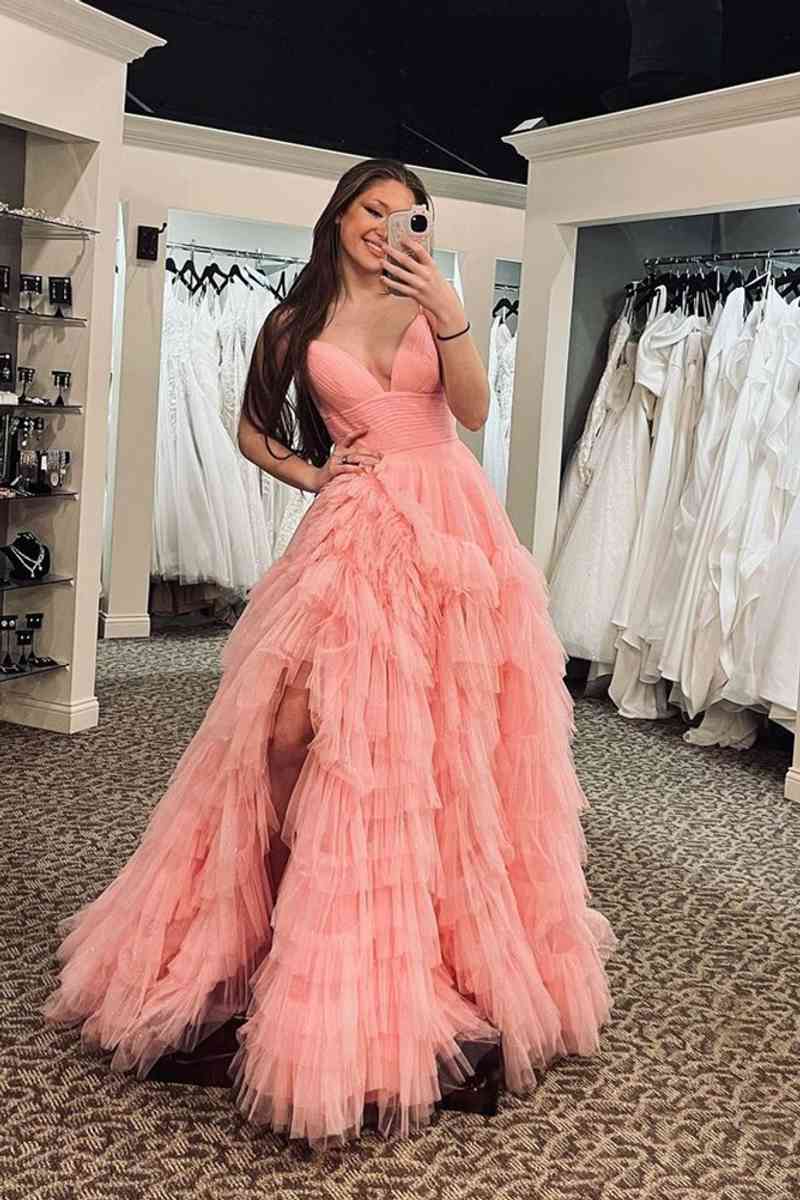 Betsy | Hot Pink V-Neck Ruffle A-Line Long Prom Dress | KissProm