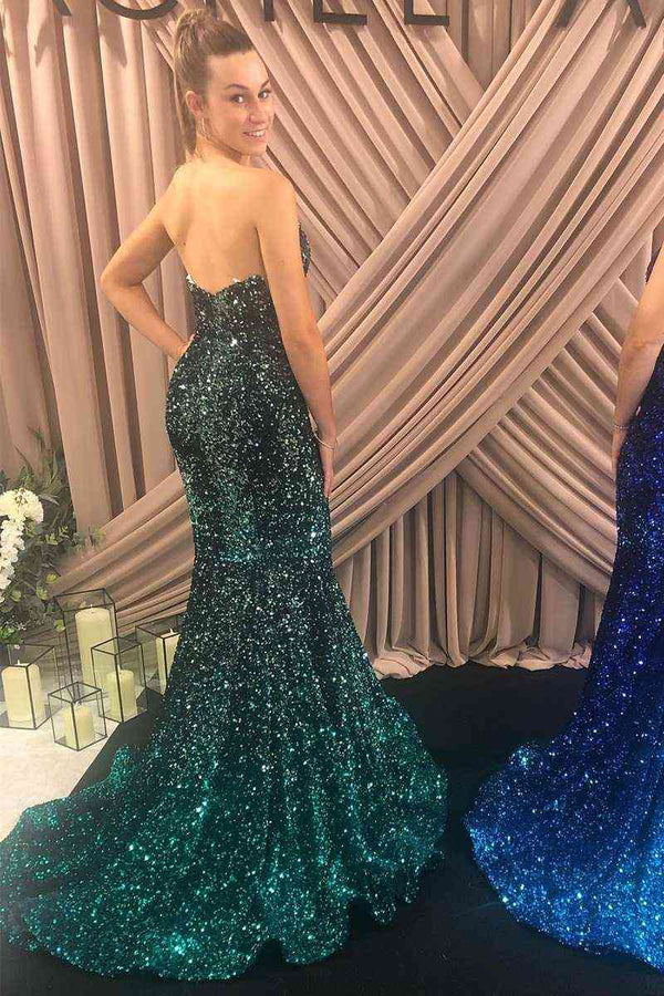 Strapless Fuchsia Mermad Sequins Long Prom Dress