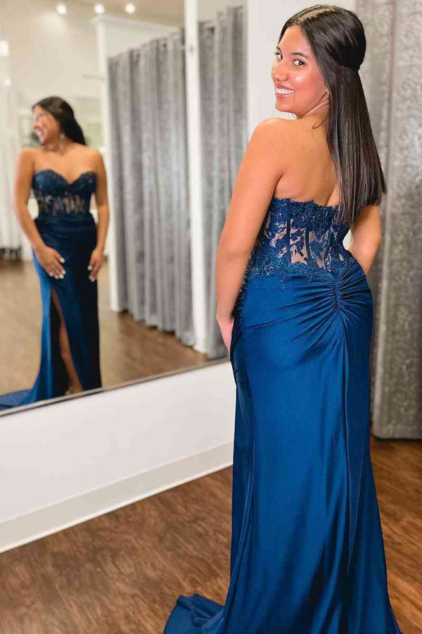 Sweetheart Blue Corset Pleated Long Prom Dress