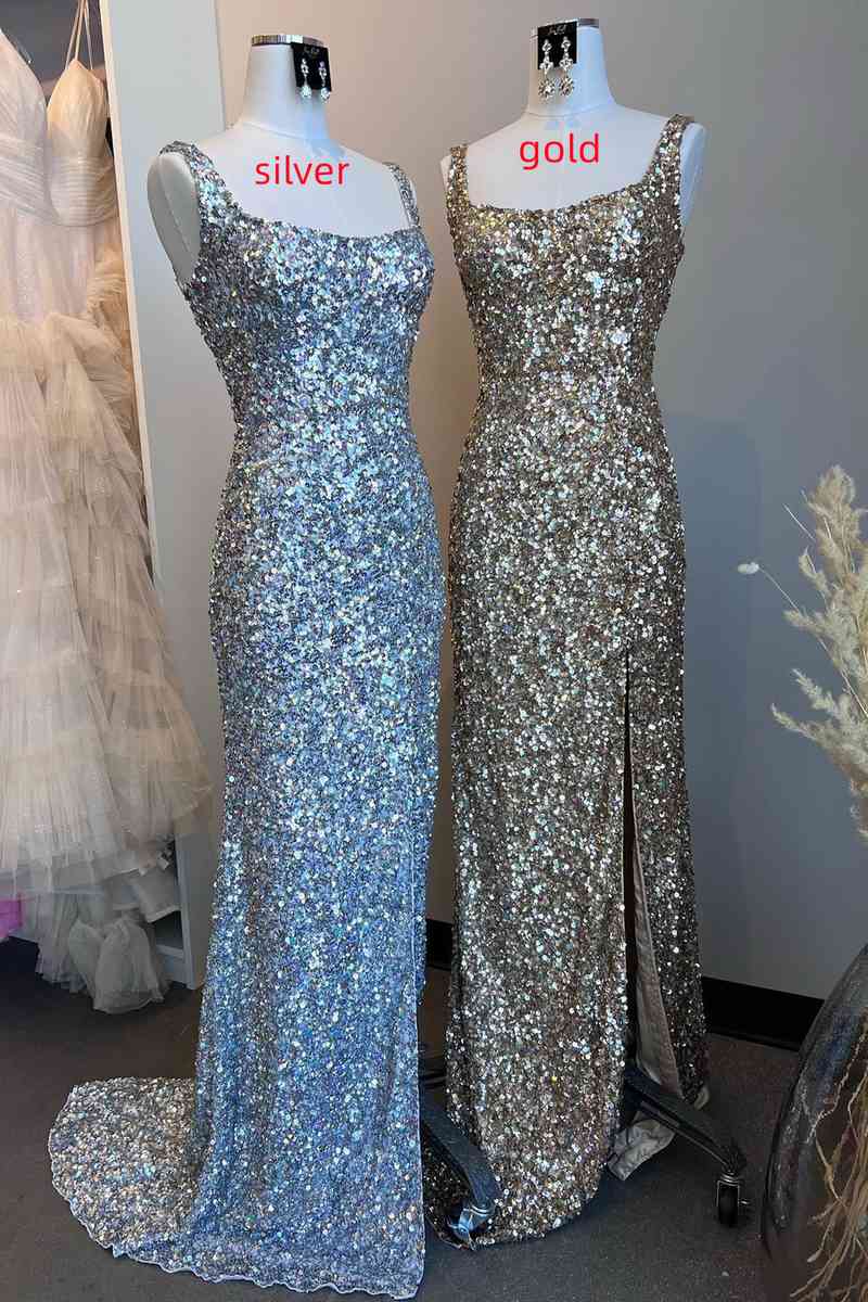 Long Gold Square Neck Prom Dress with High Slit