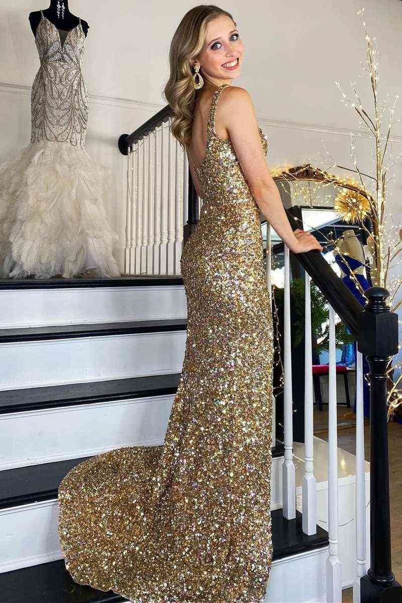 Long Gold Square Neck Prom Dress with High Slit