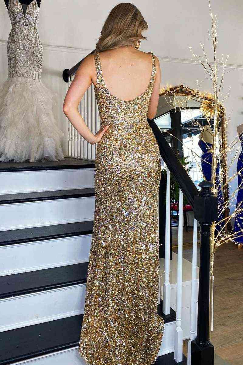 Square Neck Maxi Chiffon Dress with Front Slit Gold