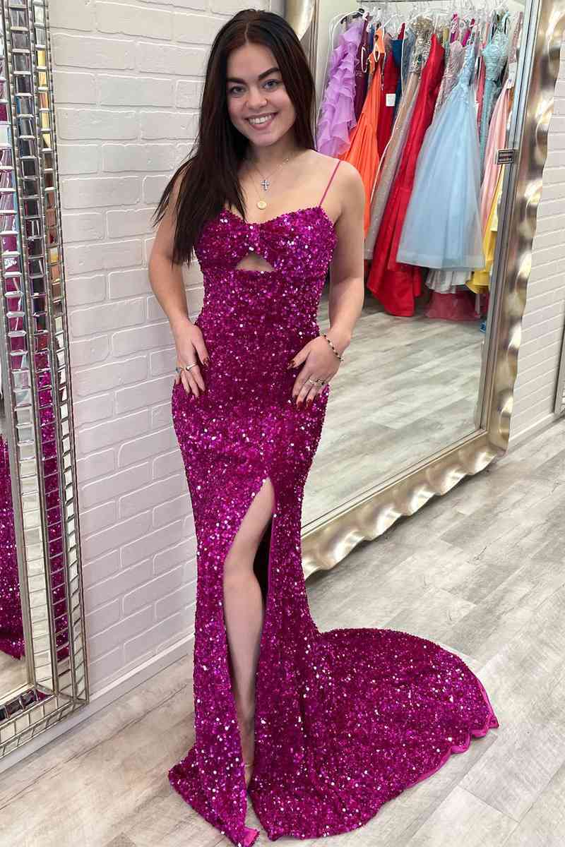 Long Spaghetti Straps Fuchsia Keyhole Mermaid Prom Dress