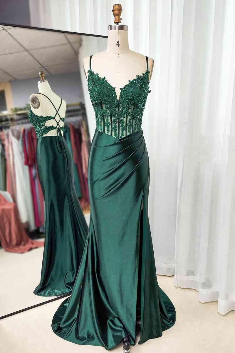 Mermaid Emerald Green Straps Ruched Prom Dress with Slit