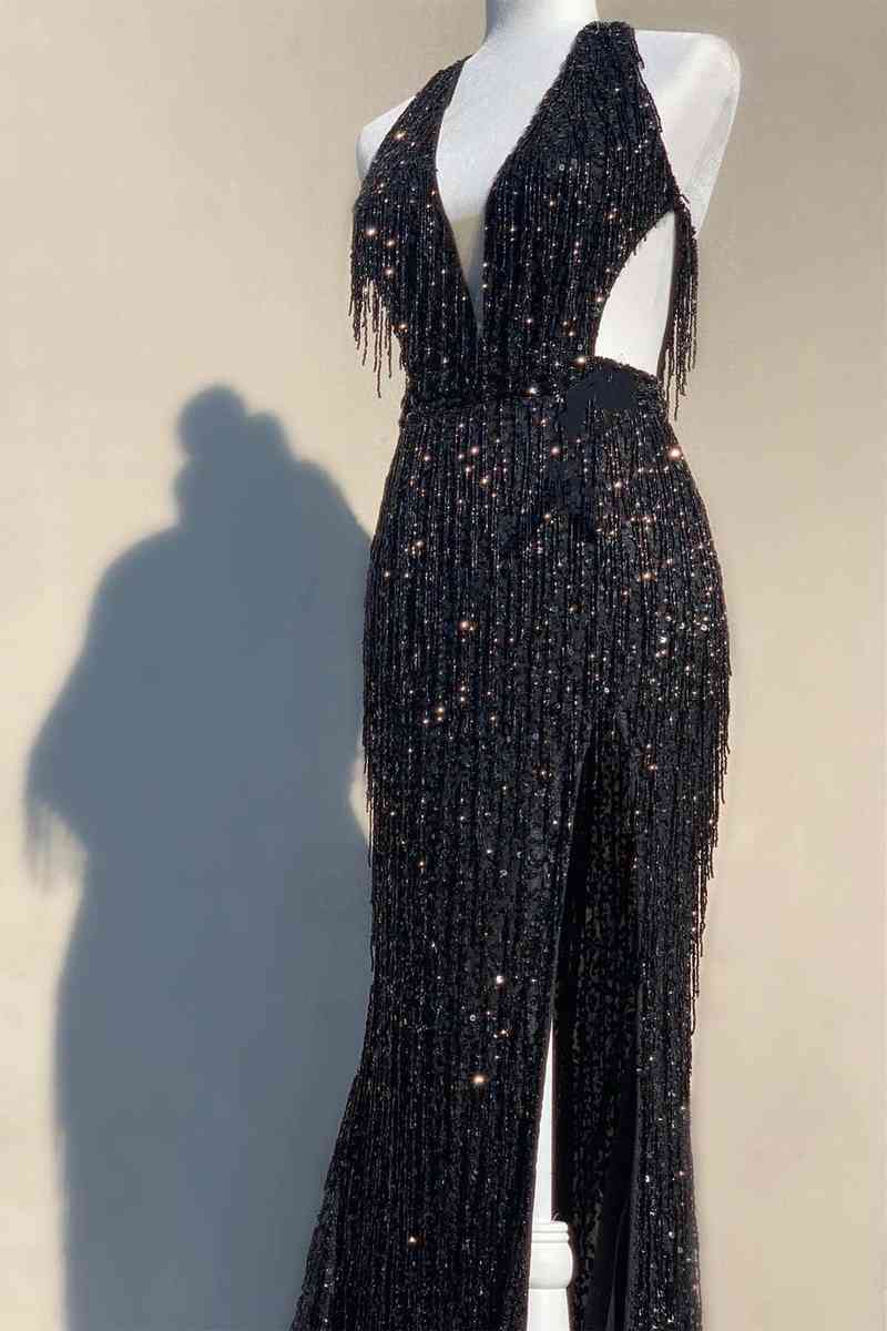 Plunging V-Neck Black Side Cut-Out Long Prom Dress with Fringe FancyVestido Plunging V-Neck Black Side Cut-Out Long Prom Dress with Fringe FancyVestido