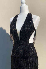 Plunging V-Neck Black Side Cut-Out Long Prom Dress with Fringe