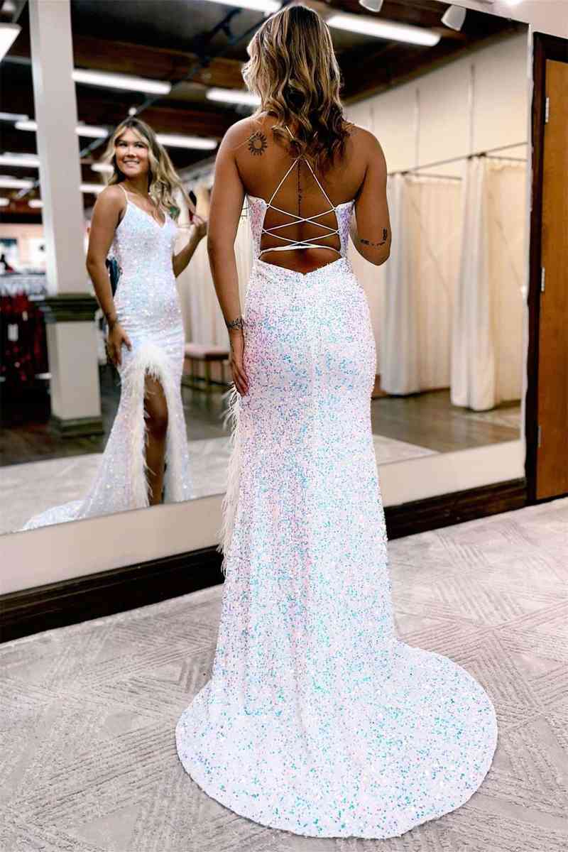 Straps Iridescent White Sequins Long Prom Dress with Slit FancyVestido Straps Iridescent White Sequins Long Prom Dress with Slit FancyVestido