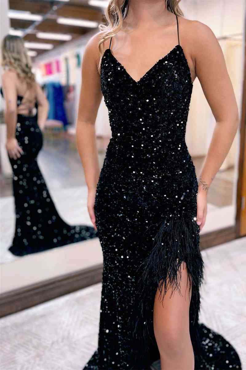 Straps Iridescent White Sequins Long Prom Dress with Slit