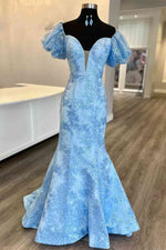 Long Light Blue Puff Sleeves Mermaid Prom Dress with Sequins