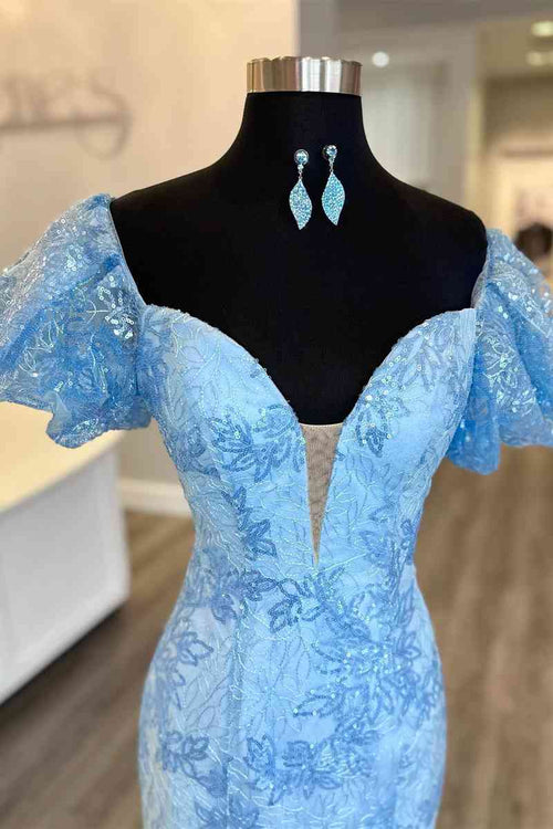 Long Light Blue Puff Sleeves Mermaid Prom Dress with Sequins
