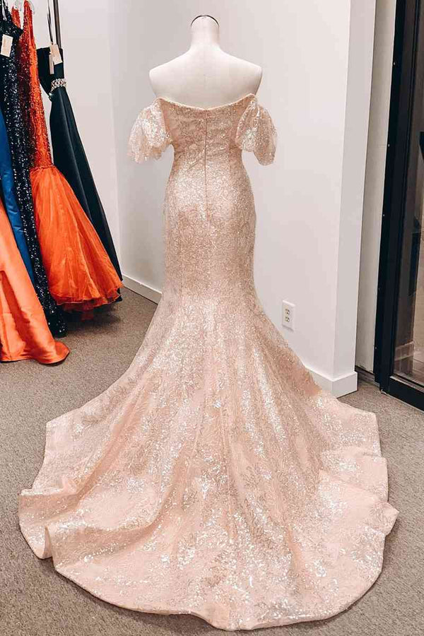 Long Light Blue Puff Sleeves Mermaid Prom Dress with Sequins