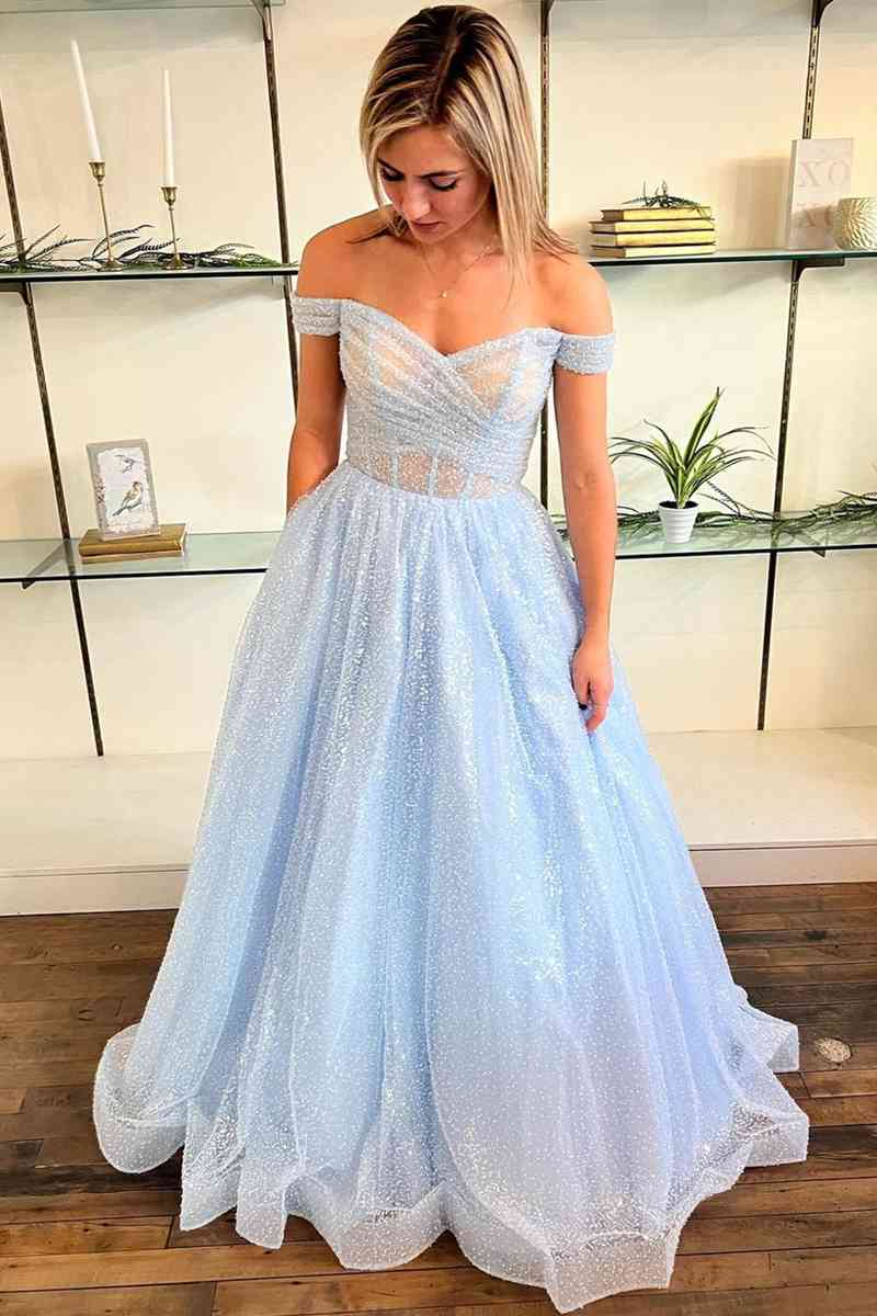 Light blue off the shoulder prom dress deals