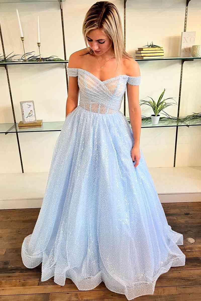 A-Line Off-the-Shoulder Light Blue Glitters Long Prom Dress