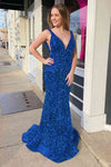 Backless Mermaid Light Blue Plunging Neck Long Prom Dress