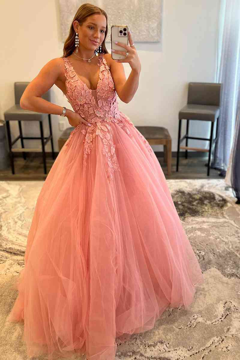 Princess Coral Pink V-Neck A-Line Long Prom Dress with Appliques FancyVestido Princess Coral Pink V-Neck A-Line Long Prom Dress with Appliques FancyVestido