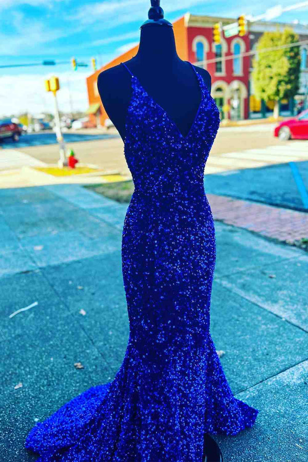 Straps Mermaid Royal Blue Seqins Long Prom Dress