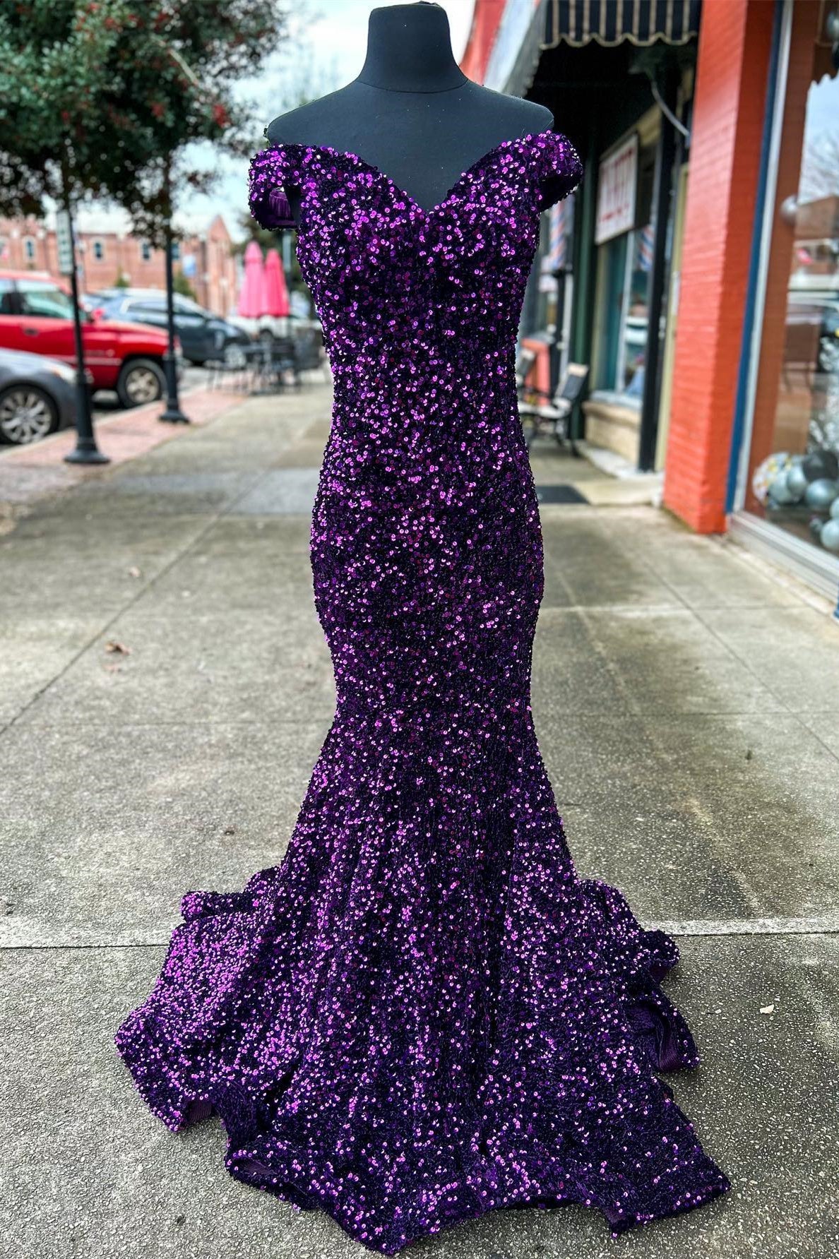 Long Mermaid Grape Srequins Off the Shoulder Prom Dress