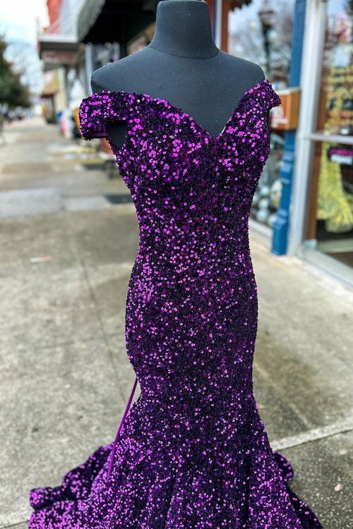 Long Mermaid Grape Srequins Off the Shoulder Prom Dress