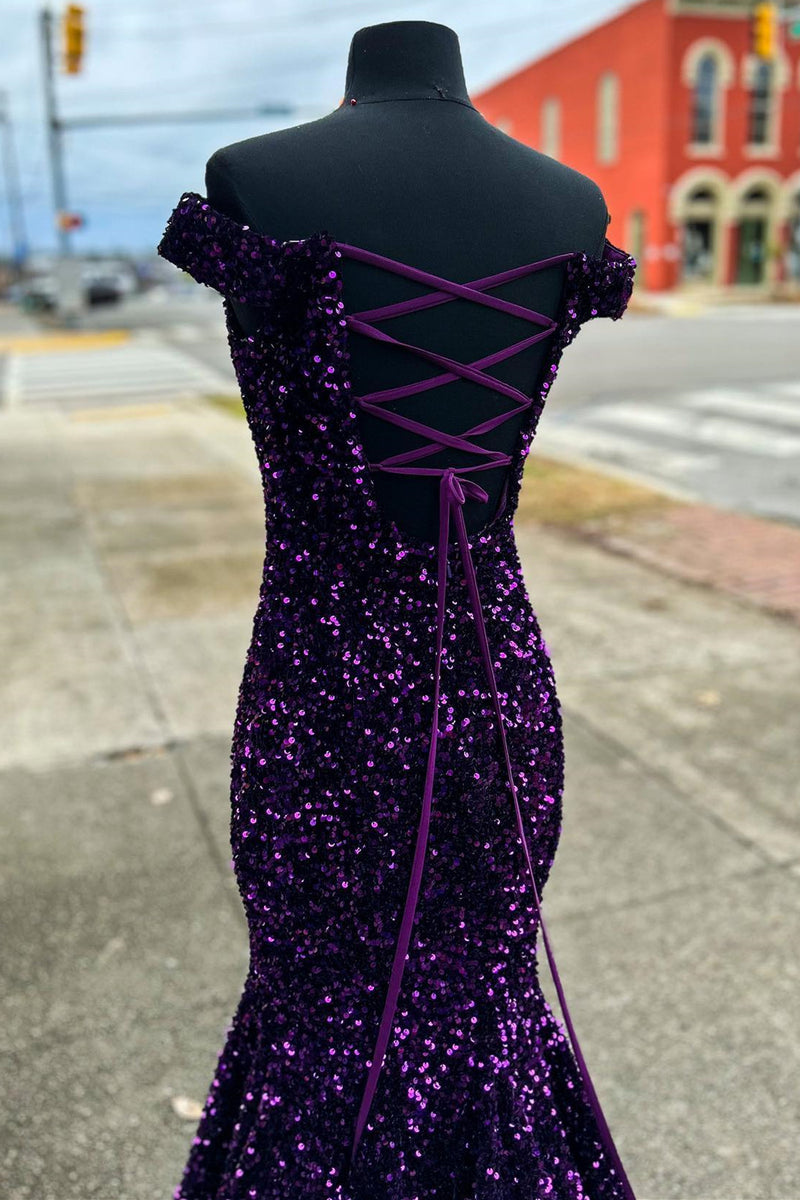 Long Mermaid Grape Srequins Off the Shoulder Prom Dress