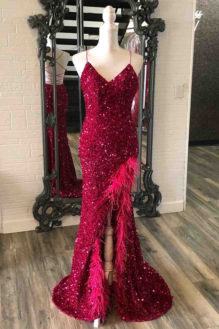 Mermaid Sequins Lace-Up Back Slit Long Prom Dress with Feathers