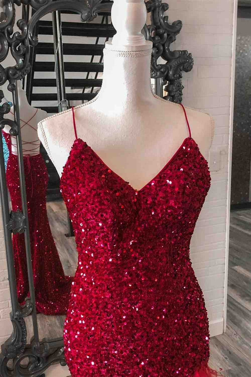 Mermaid Sequins Lace-Up Back Slit Long Prom Dress with Feathers