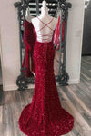 Mermaid Sequins Lace-Up Back Slit Long Prom Dress with Feathers