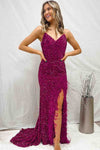 Mermaid Sequins Lace-Up Back Slit Long Prom Dress with Feathers