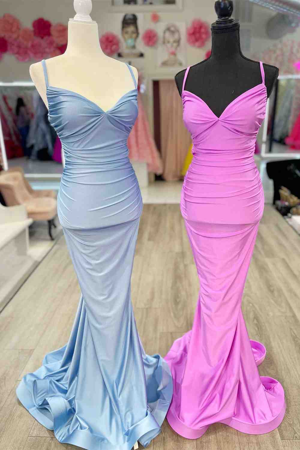 V-Neck Mermaid Pleated Satin Long Prom Dress with Spaghetti Straps