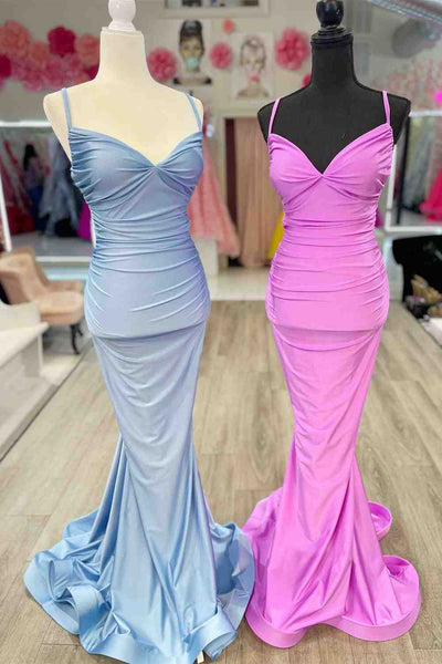V-Neck Mermaid Pleated Satin Long Prom Dress with Spaghetti Straps