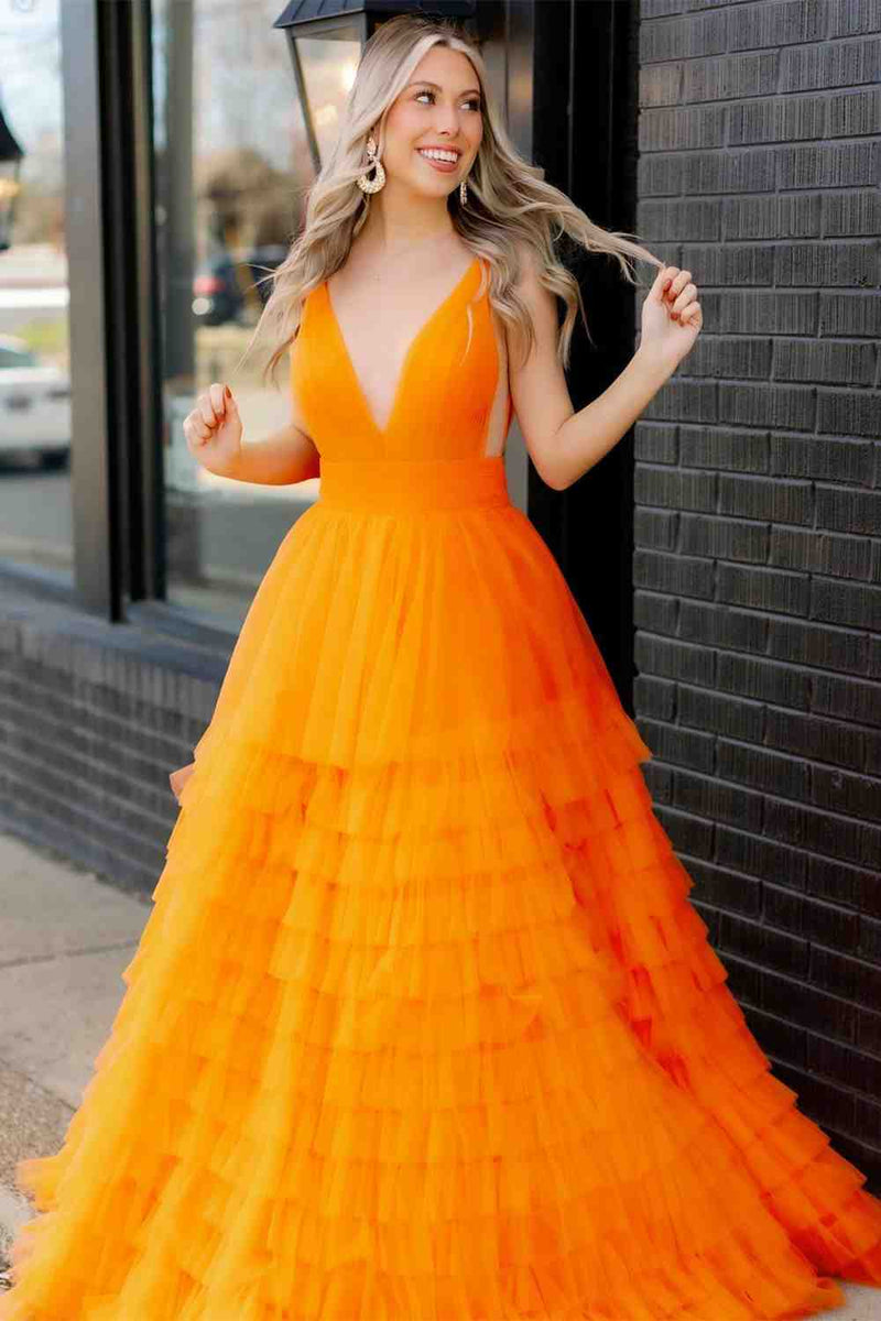 Orange Deep V-Neck A-line Tulle Layers Long Prom Dress