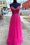 Straps Neon Pink Beaded A-Line Long Formal Dress