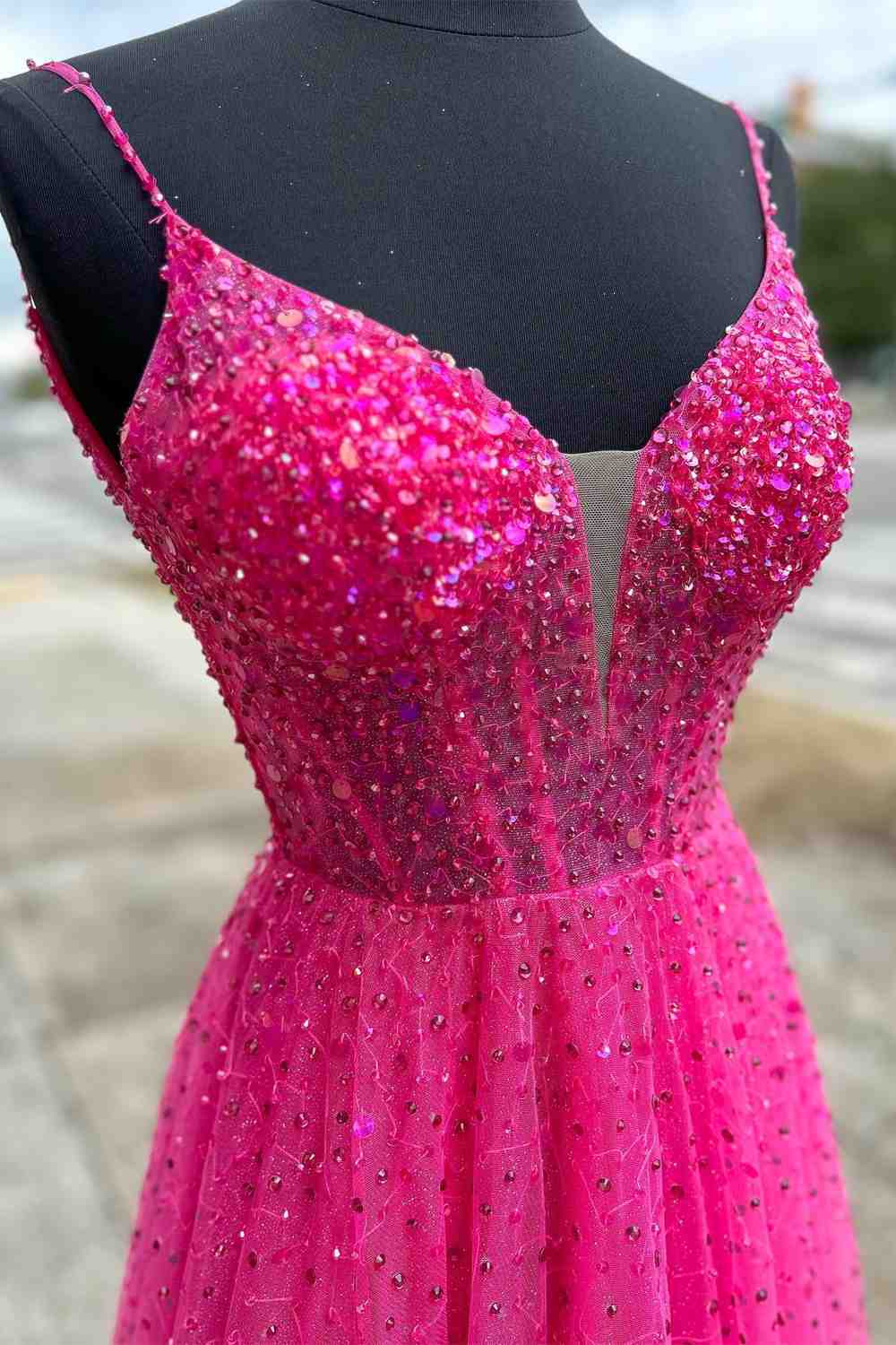 Straps Neon Pink Beaded A-Line Long Formal Dress FancyVestido Straps Neon Pink Beaded A-Line Long Formal Dress FancyVestido