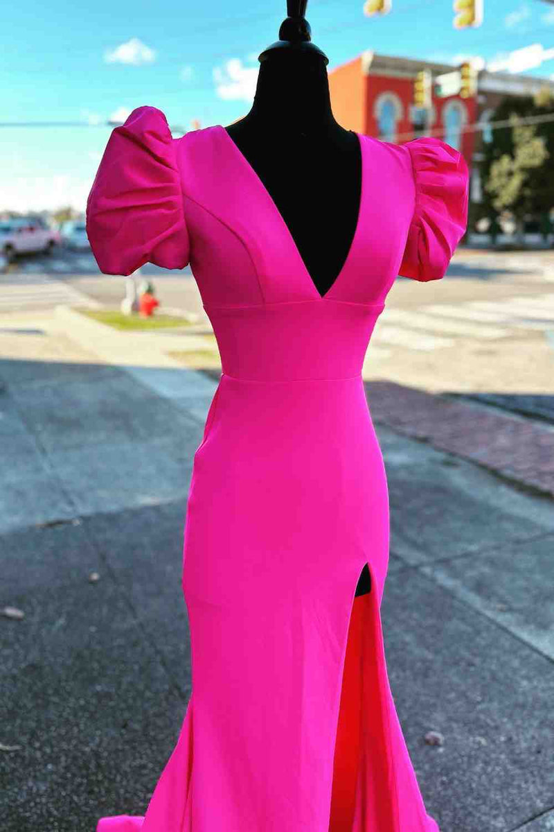 Mermaid Deep V Neck Hot Pink Long Ball Dress with Open Back main image 1