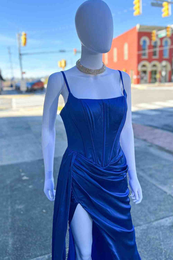 Straps Ruched Royal Blue Long Prom Dress with High Slit