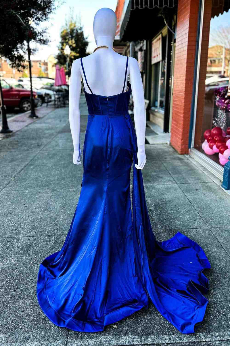 Straps Ruched Royal Blue Long Prom Dress with High Slit
