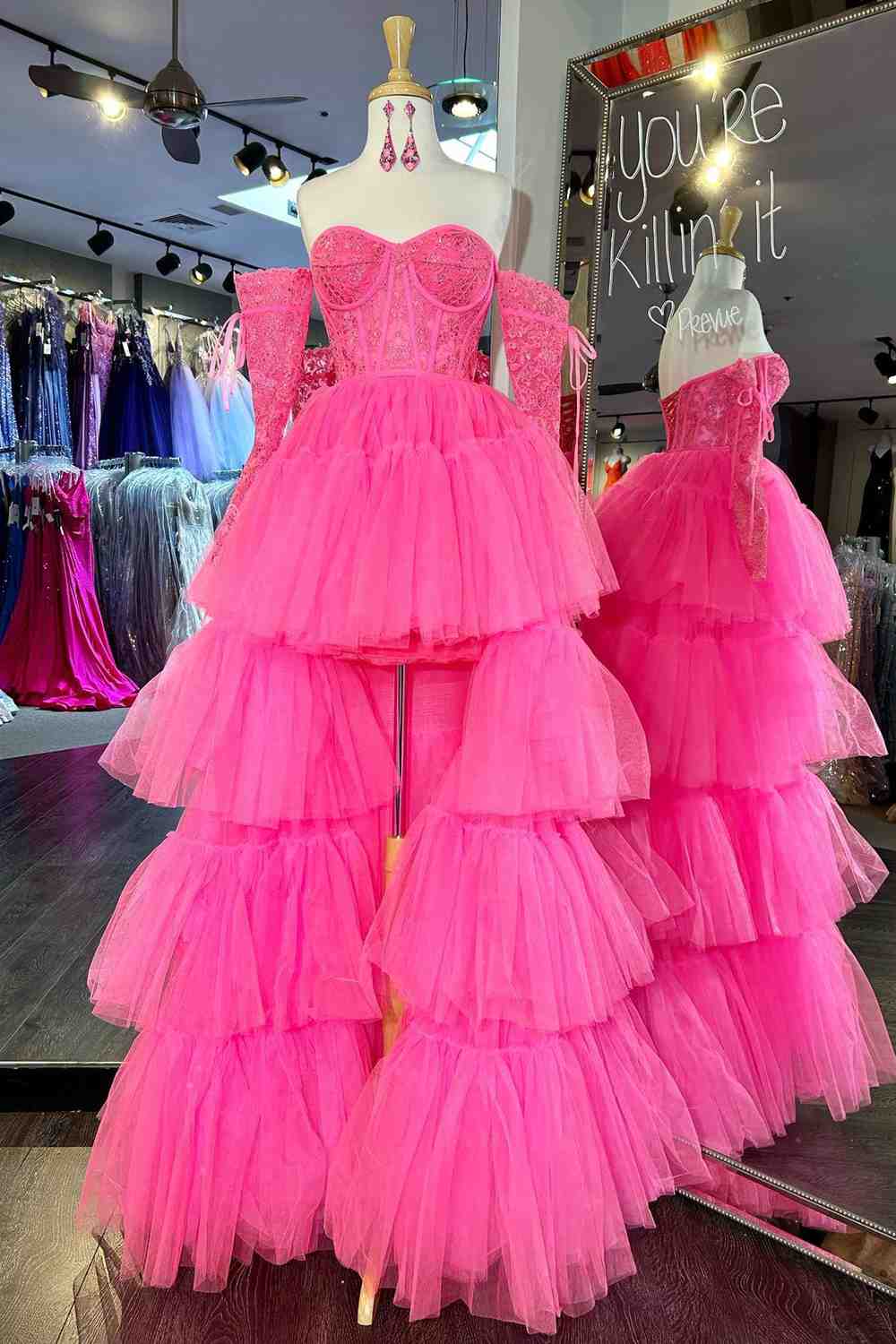 Hot Pink Off-Shoulder A-line Tulle Layers Applique Hi-Low Prom Dress –  FancyVestido