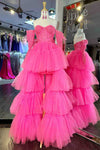 Hot Pink Off-Shoulder A-line Tulle Layers Applique Hi-Low Prom Dress